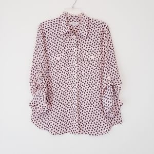 LOFT Blush Pink Gray Blue Print Blouse Roll Tab